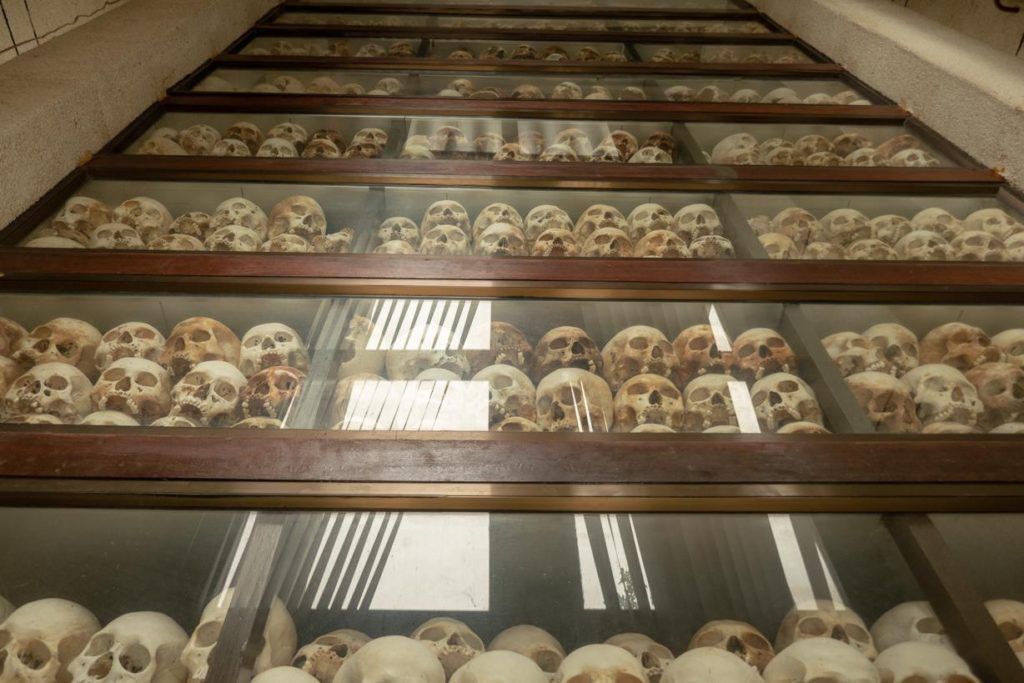 skulls in the Remembrance Stupa at the Killing Fields