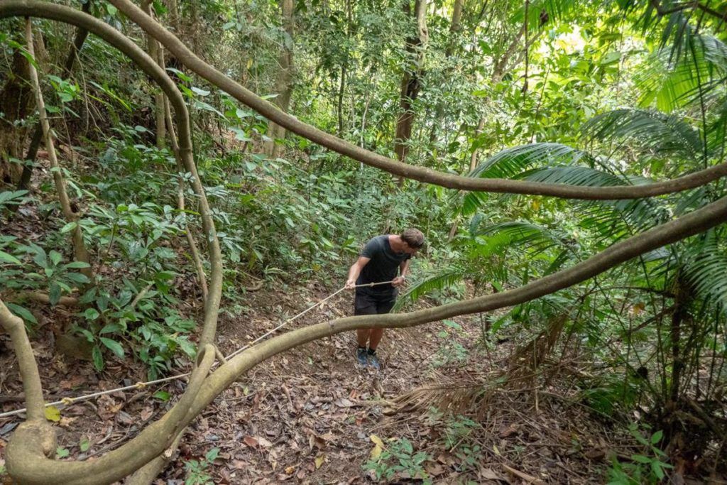 Kep National Park Cambodia Hiking Trails Ben descending a steep section of the hiking trail