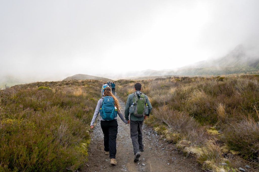 Morning fog over the start of the Tongariro Crossing