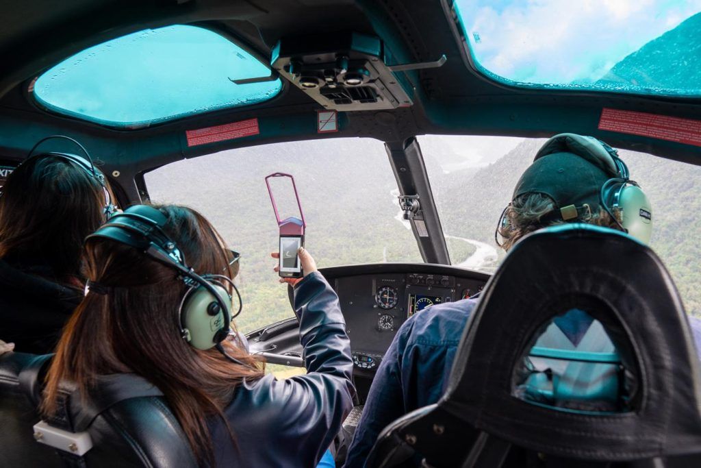 In the helicopter on the way to our Fox Glacier heli hike