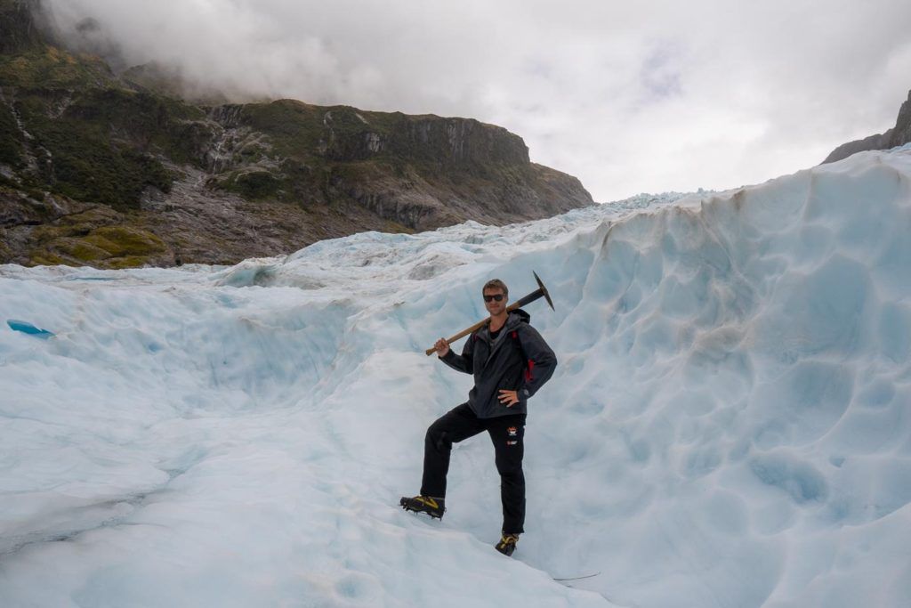 Ben with an ice pick on Fox Glacier