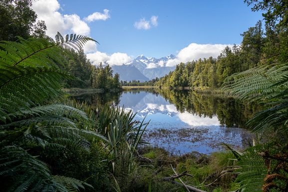 Reflection of Mount Cook and Mount Tasman in Lake Matheson, Fox Glacier