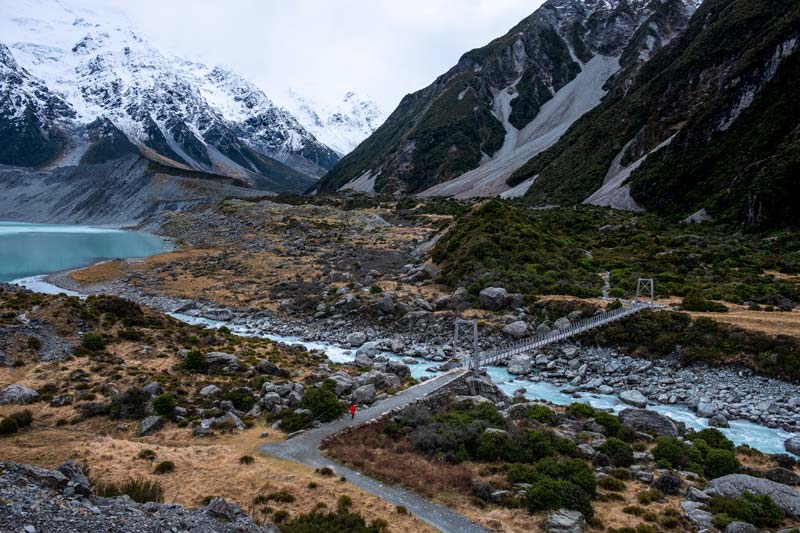 The Hooker Valley Track is accessible from the small town of Mt Cook Vllage